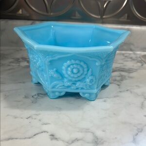 Fenton Satin Blue Floral Embossed Hexagonal Planter Dish